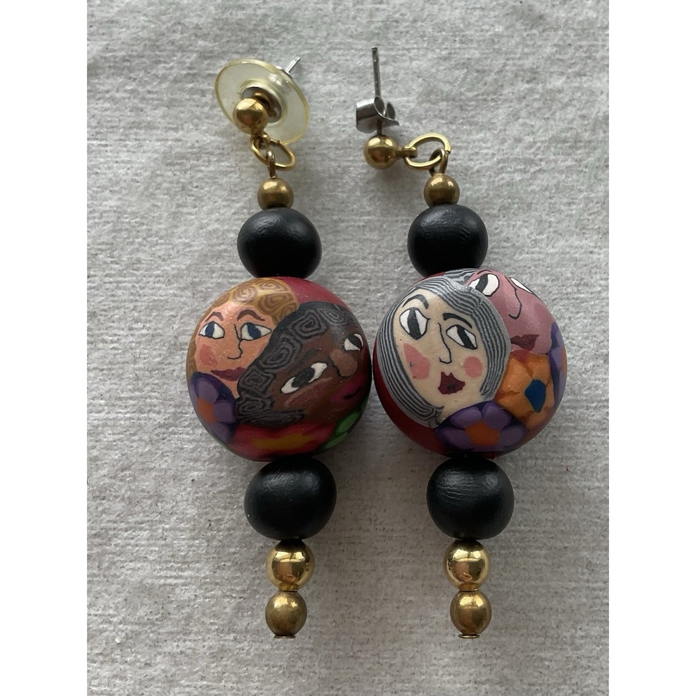 Vintage handcrafted dangle earrings Painted Beads Faces Estate Jewelry